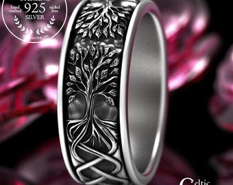 Sterling Groom's Tree of Life Wedding Ring, Silver Norse Yggdrasil Ring, Men's Botanical Forest Band, 925 Silver Scottish Tree Ring, 2036