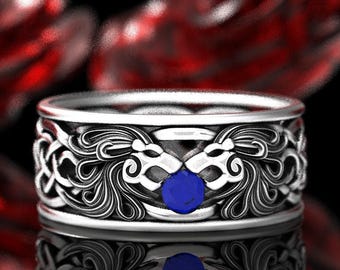Sapphire Celtic Lion Ring, Infinity Knot Wedding Band, Ring of Protection, Animal Jewelry, Lion King Ring, Sapphire Cat Ring, 1735