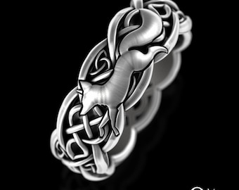 Simple Celtic Fox Ring, Sterling Womens Fox Wedding Ring, Woven Knotwork Fox Spirit Animal Ring, Silver Scottish Bride Wedding Band, 3195