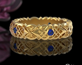 Gold & Sapphire Celtic Knot Ring, Heart Knot Gold Wedding Ring, Wedding Love Celtic Band, 10K 14K 18K Platinum, Unique Wedding Band, 4014