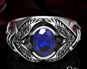 Men Statement Sapphire Ring, Sterling Viking Raven Ring, Odin Raven Ring, Men Viking Ring, Celtic Wedding Band, Silver Raven Ring, 1477