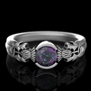 Alexandrite Engagement Ring, Sterling Silver Thistle Ring, Alexandrite Wedding Ring, Alexandrite Solitaire Ring, Scottish Thistle Ring, 1774