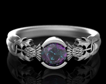 Sterling Silver & Alexandrite Royal Thistle Ring,  Scottish Highland Bloom Gemstone Handfasting Ring,  Thorned Blossom Engagement Ring, 1774