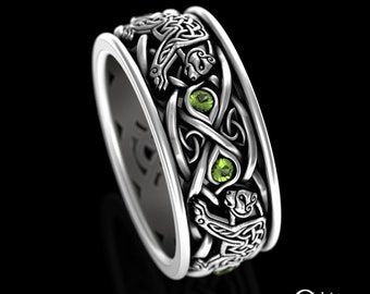 Mens Norse Peridot Bear Ring, Sterling Silver Celtic Wedding Band, Welsh Bear Ring, Viking Man Bear Ring, Peridot Irish Groom Ring, 3095