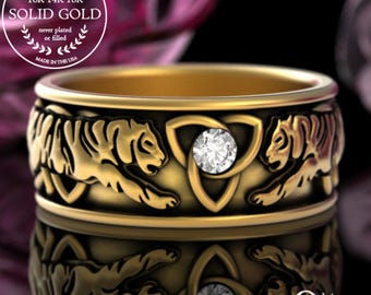 10K Yellow Gold Tiger Ring, Men Gold Moissanite Wedding Band, 14K Men Engagement Ring, Platinum Tiger Ring, Jungle Safari Spirit Animal 3119