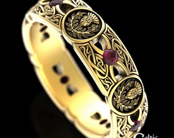 Ruby Heart Thistle Ring, 10K 14K Gold Scottish Thistle Wedding Band, Gold Irish Thistle Ring, Gold Ruby Celtic Wedding Ring, White Gold,4408