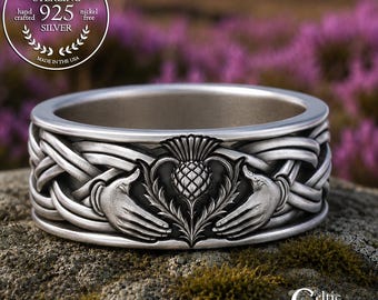 Men's Sterling Thistle Claddagh Wedding Band, Scottish Groom Ring, Silver Celtic Thistle Jewelry, Irish Heart Flower Ring, 3359