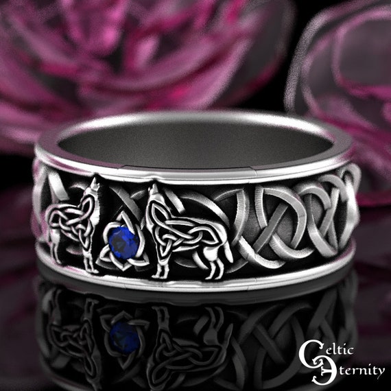 Mens Blue Sapphire Wolf Wedding Ring Sterling Silver Nordic Wolves Wedding Band Silver Knotwork Wolves Ring Mens Celtic Wolf Ring 1703 Etsy Polska