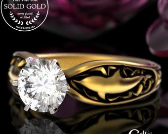 10K 14K Dolphin Engagement Ring, Gold Moissanite Celtic Dolphin Wedding Ring, Sea Wedding Ring, 10K Ocean Ring, Gold Irish Engagement, 3064
