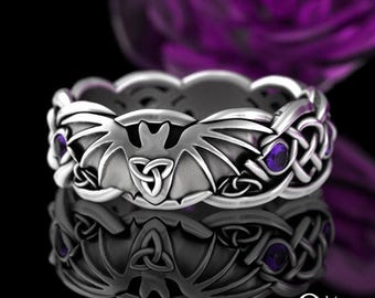 Amethyst Bat Ring, Sterling Vampire Bat, Halloween Ring, Flying Fox Celtic Ring, Silver Spooky Ring, Flying Bat Ring, Purple Goth Ring, 3138