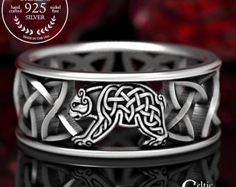 Sterling Silver Bear Ring, Celtic Bear Ring, Mens Wedding Band, Bear Spirit Animal, Mens Celtic Ring, Silver Bear Ring, Wide Mens Ring, 1126