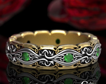 2-Tone Mushroom Ring, Silver & Gold Wedding Ring, Emerald Celtic Wedding Ring, Mushroom Ring, Pagan Wedding, Nature Inspired, 1737
