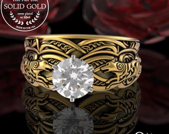 Gold Celtic Wolf Engagement Rings, Moissanite Viking Shadow Fang Bridal Set, Gold Wolfkin Handfasting Rings, Platinum Mac Tíre Rings, 3177