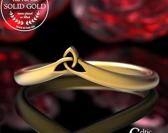 Simple Trinity Accent Ring in Gold, 10K Celtic Chevron Ring, 14K Irish Knot Stacker Ring, White Gold Midi Ring, Contour Wedding Band, 2033