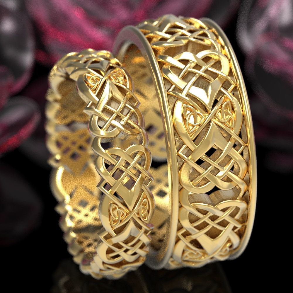 Celtic Heart Knot Wedding Ring Set, His Hers Gold Wedding Ring Set