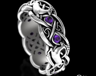 Womens Amethyst Deer Ring, Sterling Celtic Forest Theme Ring, Irish Antler Wedding Band, Silver Stag Wedding Ring, Deer Wedding Ring, 3128