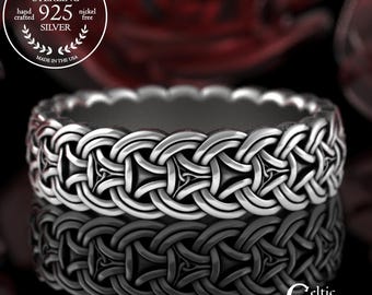 Viking Shield & Trinity Knotwork Ring, Sterling Borre Style Chain Ring, Norse Design Wedding Band, Silver Chainmail Pattern Jewelry, 3304
