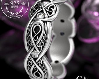 Sterling Silver & Moissanite Trinity Band, Celtic Infinity Knotwork Wedding Ring, Elegant Irish Handfasting Gemstone Ring, 1411
