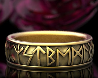 Gold or Platinum Rune Ring, Custom Phrase Rune Ring, Futhark Script Wedding Ring, Odins Letters Bespoke Handfasting Band, 1788
