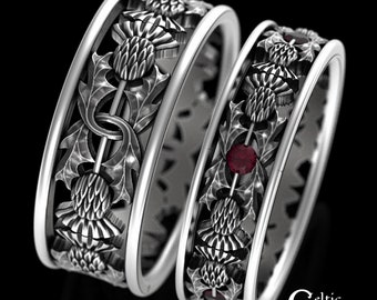 Thistle Matching Rings, Ruby Thistle Ring Set, Silver Matching Wedding Rings, Silver Thistle Scottish Rings, Wedding Band Set, 1769 1768