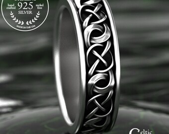 Silver Irish Groom Infinity Wedding Band, Traditional Sterling Celtic Woven Knotwork Ring, 925 Simple Mens Scottish Wedding Band, 1988