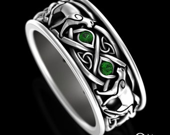 Emerald Irish Cat Ring, Mens Cat Wedding Band, Sterling Silver Celtic Cat Lover Ring, Scottish Knotwork Ring, Kitty Ring, Feline Ring, 3099