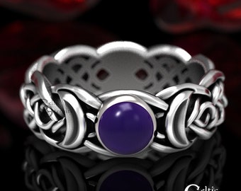 Celtic Moon Ring, Sterling Silver Amethyst Ring, Silver Crescent Moon Ring, Moon Wedding Ring, Magic Silver Ring, Moon Goddess Ring, 1493