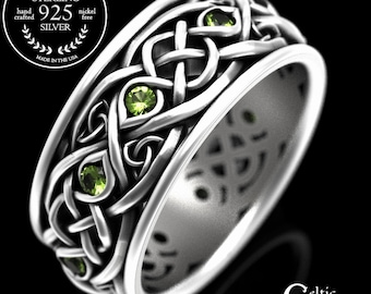 Peridot Celtic Ring, Sterling Men Wedding Band, Silver Peridot Ring, Men Celtic Ring, Peridot Irish Wedding Ring, Trinity Peridot Ring, 1096