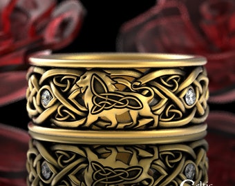 Moissanite Gold Mens Lion Ring, 10K Gold Lion Wedding Ring, 14K Gold Celtic Ring, Mens Gold Irish Ring, 18K Lion Ring, Gold Leo Ring, 3049