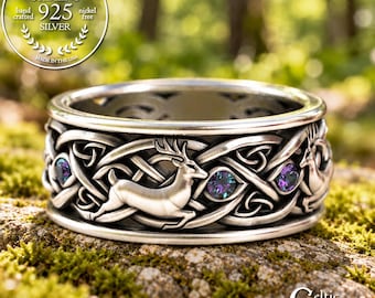 Mens Alexandrite Deer Ring, Sterling Celtic Alexandrite Wedding Band, Mens Deer Ring, Reindeer Jewelry, Mens Forest Ring, Antler Ring, 3127