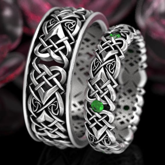 His Hers Celtic Ring Set Matching Celtic Heart Knot Emerald