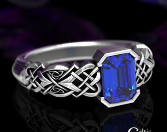 Sapphire & Sterling Engagement Ring, Celtic Sapphire Engagement Ring, Sapphire Solitaire Ring, Engagement Ring with Emerald Cut, 1657