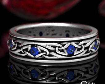 Sterling Silver Celtic Wedding Band with Sapphires, Mens Wedding Ring, Sterling Silver Wedding Ring, Sapphire Celtic Wedding Band, 1469