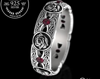 Womens Ruby Celtic Rose Wedding Ring, Sterling Irish Rose Wedding Ring, Silver Rose Flower Ring, Botanical Ruby Irish Wedding Band, 3046
