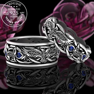 His Hers Sapphire Raven Wolf Ring Set, Sterling Celtic Matching Ring Set, Irish Wolves Wedding Band, Silver Wedding Ring Set, 4696 4697