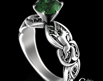 Emerald Celtic Fox Engagement Ring, Sterling Fox Solitaire Ring, Emerald Irish Wedding Ring, Silver Fox Ring, Irish Wedding Ring, 3071