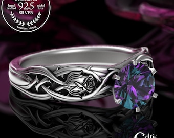 Alexandrite Rose Engagement Ring, Sterling Rosebud Solitaire, Silver Celtic Flower Wedding Ring, Irish Floral Bridal Ring, 3347