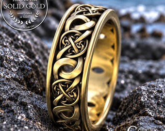 Gold or White Gold Grooms Welsh Knotwork Ring, 14K Traditional Irish Wedding Band, 10K Rose Gold Woven Wedding Ring, Scottish Groom, 1990