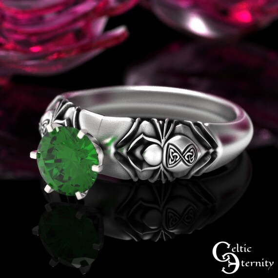 Emerald Spider Ring, Silver Spider Engagement Ring, Celtic Spider Wedding Ring, Sterling Spider Engagement Ring, Spider Wedding Ring, 1885