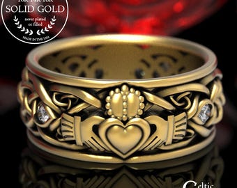 Gold Claddagh Ring with Moissanites, Modern Claddagh Wedding Ring, Celtic Gold Wedding Band, Irish Love Ring, Mens Claddagh Ring, 1688