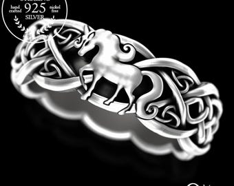 Sterling Silver Unicorn Ring, Celtic Horse Ring, Magical Creature Jewelry, Womens Unicorn Wedding Ring, Girls Silver Irish Horse Ring, 3031