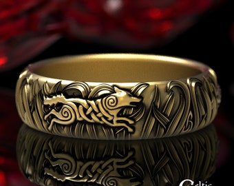 Gold Celtic Wolf Ring, Womens Wolf Wedding Ring, 10K Wolf Wedding Band, 14K Celtic Wolf Ring, Gold Celtic Wolf Wedding Ring, 14K Wolf, 1909
