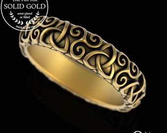 10K Womens Irish Spiral Ring, White Gold Celtic Triskele Wedding Band, 14K Ancient Triskelion Ring, 18K Trinity Knotwork Wedding Ring, 3209
