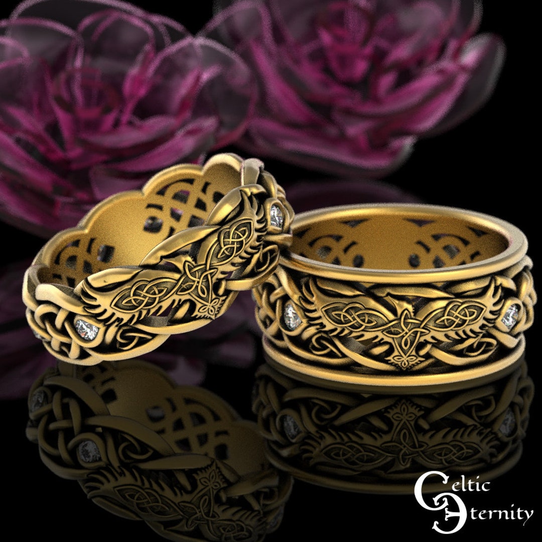 10K Moissanite Viking Wedding Rings, Gold Raven Ring Set, 10K Raven