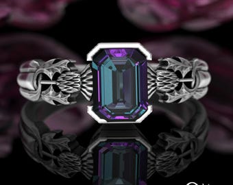 Thistle Alexandrite Solitaire Ring, Sterling Emerald-Cut Solitaire Ring, Rectangle Celtic Botanical Wedding Ring, Silver Scottish Bride 3200