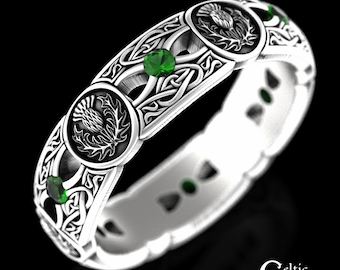 Emerald Thistle Wedding Ring, Sterling Silver Emerald Wedding Ring, Womens Scottish Thistle Band, Emerald Irish Thistle Wedding Ring, 4408