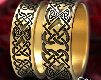 Gold Engraved Ring Set, Matching His Hers Celtic Rings, Wide Gold Wedding Bands, Matching Wedding Rings, Gold Celtic Wedding Band, 1563 1562