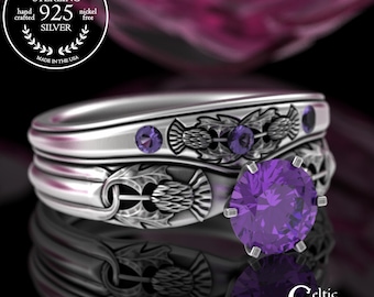 Sterling Thistle Engagement + Accent Bridal Ring Set, Silver Amethyst Scottish Bride Rings, Woman's Irish Stacking Wedding Bands, 1894 3340