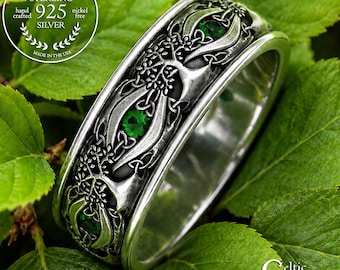 Emerald Mens Celtic Tree of Life Ring, Sterling Yggdrasil Ring, Silver Welsh Nature Wedding Band, Pagan Druid Groom Wedding Ring, 3192