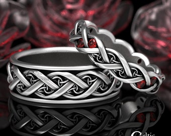 His Hers Ruby & Silver Celtic Wedding Band Set, Modern Wedding Bands, Matching Wedding Rings, Silver Eternity Infinity Ring, 1418 + 1419